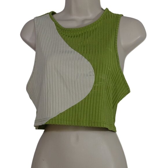 Shein Curve 2-Tone Green Cream Ribbed Crop Tank Top Women Size 0XL 12 Sleeveless - Picture 1 of 7